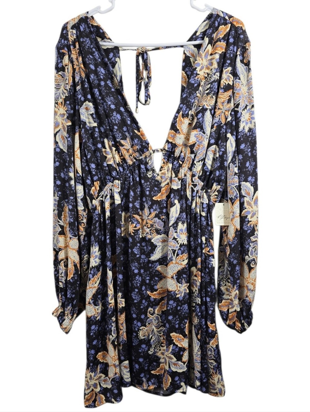 Free People Soli Mini Dress Night Combo Size L Open Back Tie Neck Balloon Sleeve